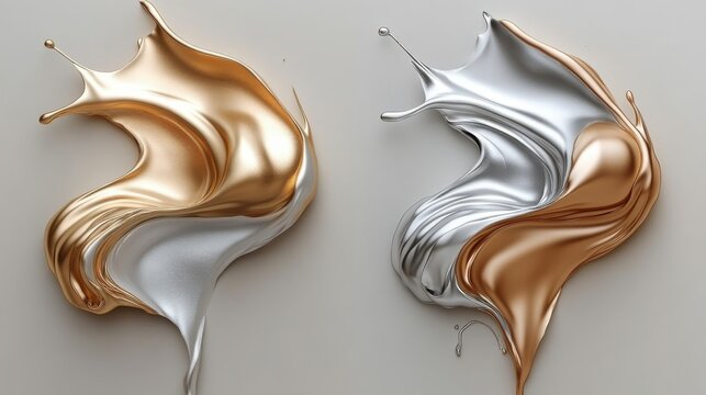 Two luxurious abstract shapes in gold and silver paint splash combo creating a stunning visual artistic expression