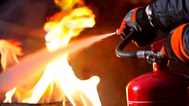 "Firefighter Uses Extinguisher to Battle Intense Blaze"