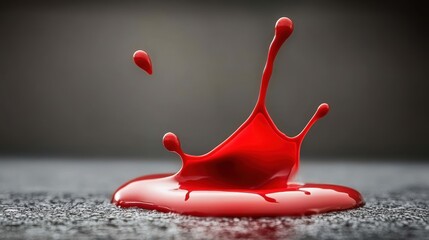 Vivid red liquid drop captured in motion against a grayscale background creating a stunning contrast
