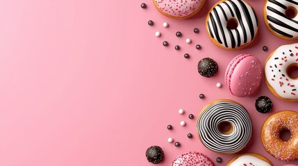 Pink Background with Black White and Pink Donuts and Macarons