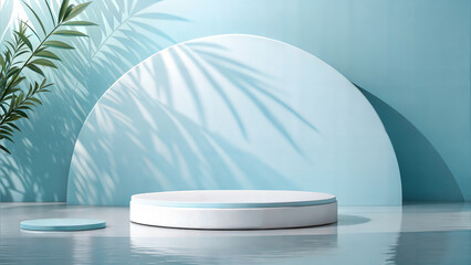 Minimalist, light blue product display podium with tropical shadows.