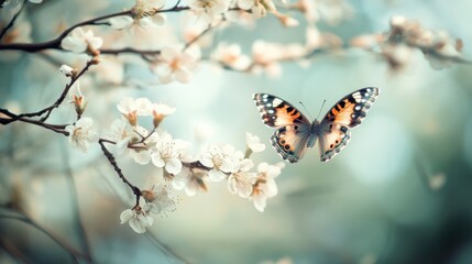 Obraz premium A delicate butterfly rests among blossoming white flowers, bathed in soft, muted light. A serene spring scene