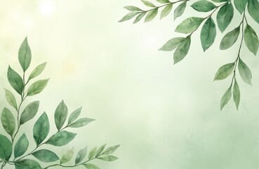 Fototapeta premium Watercolor illustration with sage green background, green leaves branches. Artistic design with natural elements. Calmness concept, minimal design, for eco tech. Ideal for invitations, eco-friendly