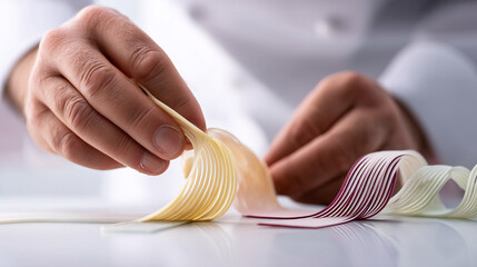 A chef is skillfully crafting delicate ribbons from pulled sugar as a decorative element, employing a specialized pastry technique, all showcased against a white background.  