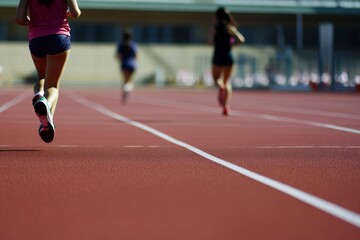 Fototapeta premium Runners sprint on a track. Focus on forefront runner's feet