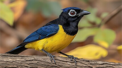 Naklejka premium Vibrant blue and yellow bird perched on a branch, detailed close-up.