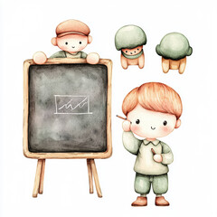 watercolor illustration of teacher writing on chalkboard with students nearby, evoking cheerful classroom scene