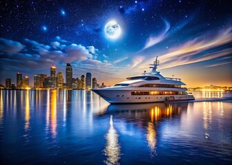 Naklejka premium Enchanting Nighttime Yacht Cruise Sparkling Ocean Meets City Lights in Luxurious Elegance