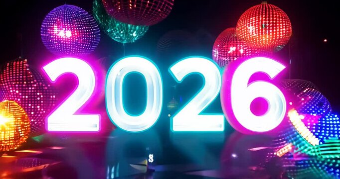 Vibrant neon disco balls and glowing 2026 sign create dazzling celebration ambiance