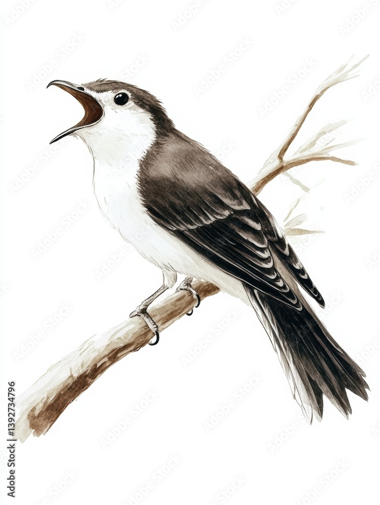 Leinwandbilder Cuckoo bird vocalizing with open beak on branch with expressive feathers against a white background
