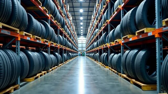 Walking through an organized warehouse filled with neatly stacked tires demonstrates efficiency and order. The huge rows of tire storage highlight the importance of logistics in  automotive industry