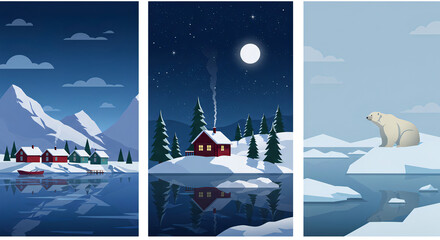 Winter landscape illustration with snowy cabins, polar bear, ice floes, and Arctic scenery — cozy Alaska-inspired nature scene