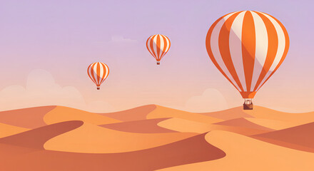 Illustration of Colorful Balloons Floating Over the Desert Landscape, Drifting Above the Sand Dunes with a Peaceful, Serene Atmosphere