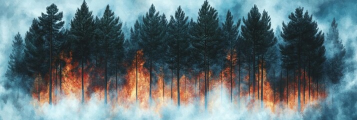 Forest fire burning intensely, trees engulfed in flames and smoke.