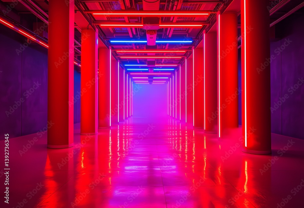 Poster modern underground space, illuminated by neon lights. tall columns line the corridor. vivid reflecti