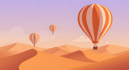 Illustration of Colorful Balloons Floating Over the Desert Landscape, Drifting Above the Sand Dunes with a Peaceful, Serene Atmosphere
