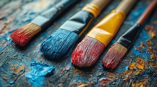 Colorful paintbrushes on textured canvas