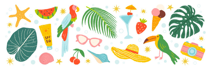 Summer hand drawn crayon icons set. Tropical vacation on beach collection elements. Vector flat illustration