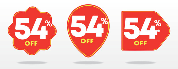 54% off. Price tag, value, offer, special. Sale, advertising, discount, marketing. Promo, shop, buy. Illustration, set, sticker, icon, vector, commerce