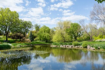 Obraz premium Serene pond reflects trees, sky, and greenery in a lush, park-like scene