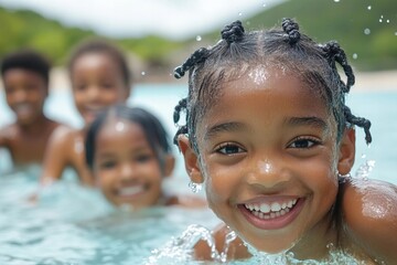 African American children having a blast in a pool on a scorching summer day, giggling and swimming with delight.