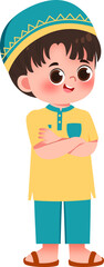 Smiling Boy in Teal and Yellow Traditional Clothing