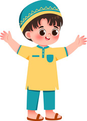 Joyful Young Boy in Traditional Muslim Attire, Welcoming Arms