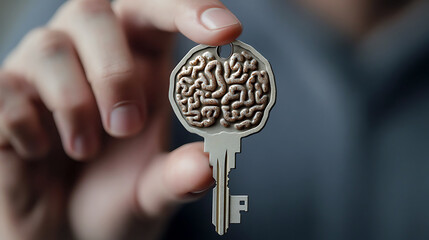 Brain key: a human brain shaped key symbolizing intellect knowledge unlocking potential and intelligence.