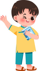 Playful Boy in Yellow Shirt Waving, Holding Book