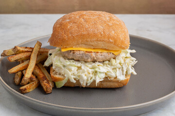 turkey cheese burger  with cole slaw and frie