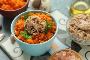 Houria, cooked carrot salad, a traditional dish of Tunisian cuisine	