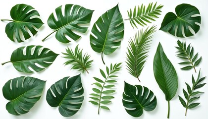 Collection of diverse green tropical leaves isolated on white background. Various leaf shapes, sizes in an artistic arrangement suitable for eco-friendly design, summer decor, nature-inspired artwork.
