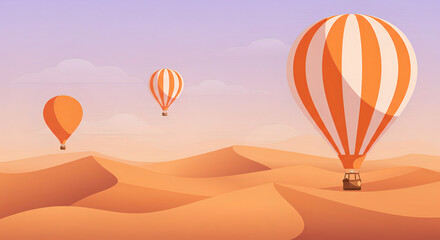 Illustration of Colorful Balloons Floating Over the Desert Landscape, Drifting Above the Sand Dunes with a Peaceful, Serene Atmosphere