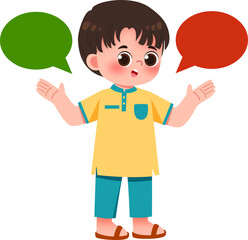 Joyful Boy with Green and Red Speech Bubbles, Expressive Cartoon Illustration