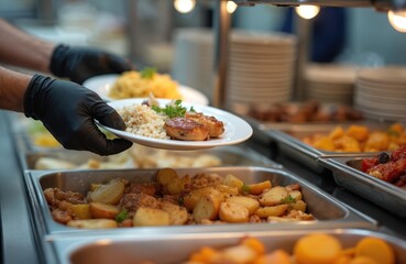 Canteen worker plates food at buffet. Variety of dishes potatoes, couscous, meat. Service line, food preparation. Restaurant setting, catering service. Lunch dinner time. Person in black gloves