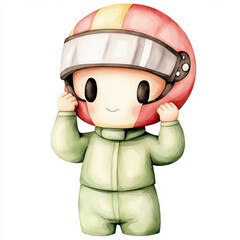 cute watercolor illustration of child in green racing suit and red helmet, smiling cheerfully