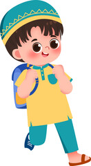 Cheerful Boy in Traditional Clothing with Backpack, Walking to School
