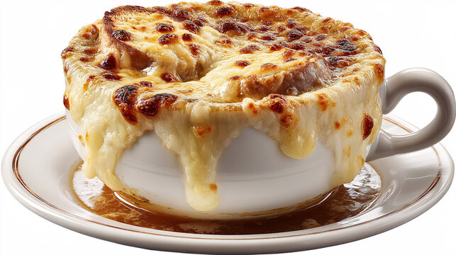 A classic French onion soup featuring melted, bubbly cheese on top, presented as cozy, comforting food against a white backdrop.  