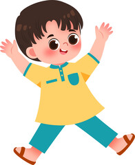 Joyful Boy in Yellow Shirt and Teal Pants, Arms Raised