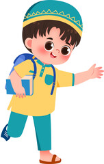 Cheerful Boy in Traditional Attire Carrying Books, Waving