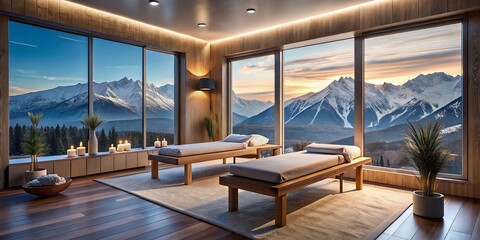 Fototapeta premium Serene Mountaintop Sanctuary Drone Capture of a Luxurious Spa Massage Room with Panoramic Snowy Peaks