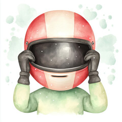 watercolor illustration of racer wearing red helmet and green suit, adjusting helmet with black gloves