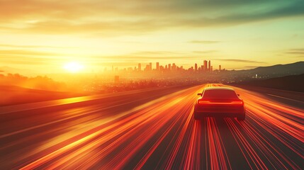 Obraz premium Car Speeding on Highway Towards City Skyline at Sunset with Motion Blur