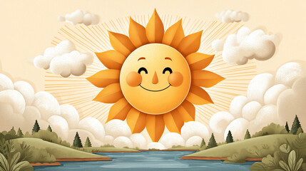 Cheerful sun with smiling face shining over serene landscape with clouds and water
