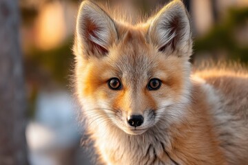 Obraz premium A captivating close-up of a young red fox, its expressive eyes and soft fur illuminated by gentle light creating a warm and inviting portrait of nature.