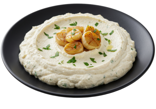 Creamy garlic puree topped with seared scallops and fresh herbs on a plate