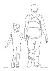 Man with child girl walking away and hands holding. Back view. Continuous line drawing. Black and white vector illustration in line art style.