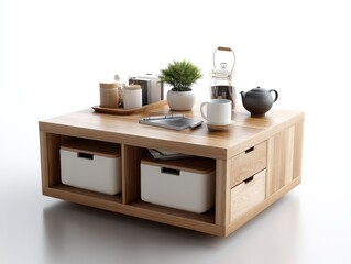 Functional Coffee Table with Drawers and Decorative Accessories