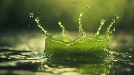 Bright green water drop captured in motion with multilayered effects creating a stunning display of texture and color