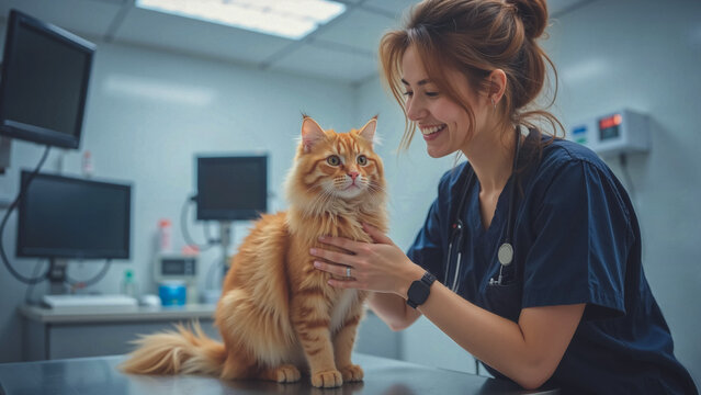Veterinary technician examines orange cat in a modern clinic during a routine check-up
